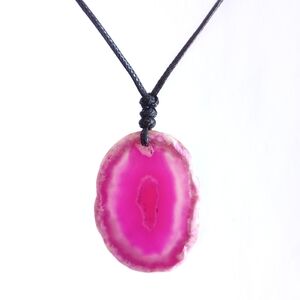 Pink agate slice pendant on long adjustable black cord necklace new